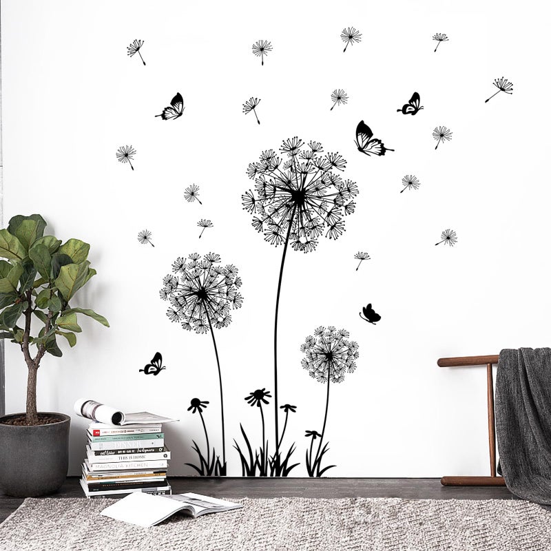 Supzone 2 Sheets Dandelion Wildflower Wall Decals Art, Wall Art Stickers Peel and Stick Floral Butterflies Flying Decor for Girls Kids Women Baby Nursery Living Room Bedroom Bathroom Hallway Stairwell(Black) - Image 5